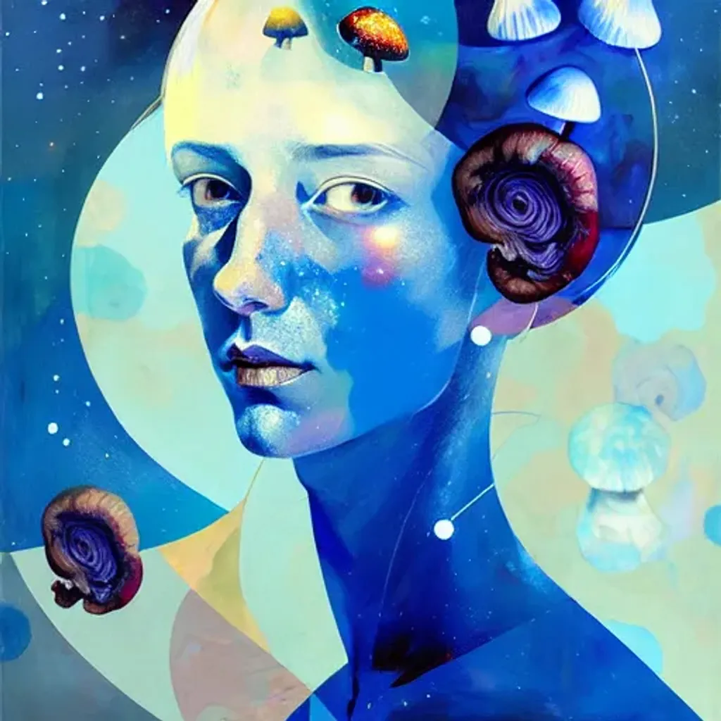 Prompt: Oil portrait by Ryan Hewett, Beautiful woman, blue hair, with mushrooms growing out of her hair, victo ngai, hq, fungi, celestial, moon, galaxy, stars 