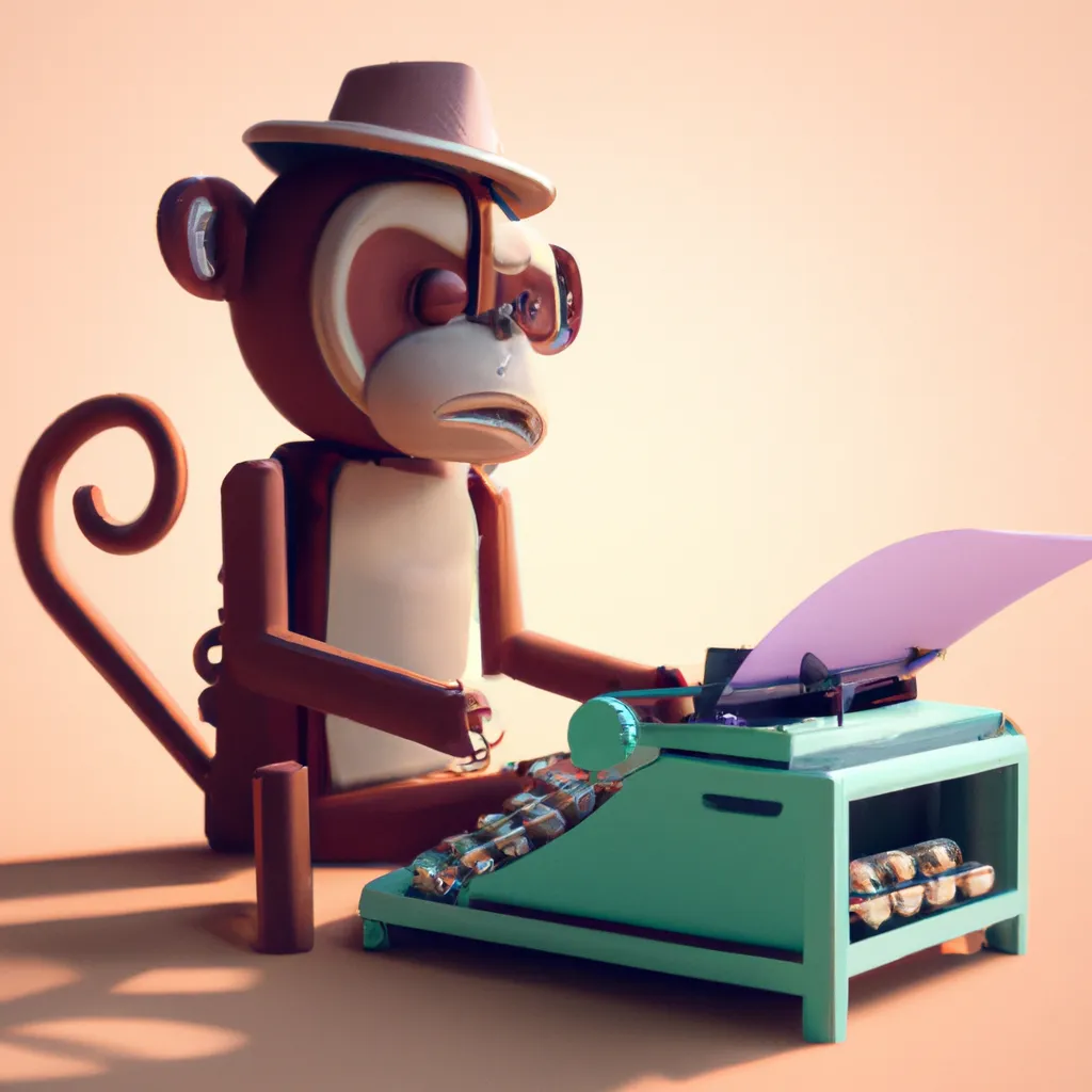 Prompt: Tiny cute 
Monkey using a 
typewriter toy, 
standing character, 
soft smooth lighting, 
soft pastel colors, 
skottie young, 3d 
blender render, 
polycount, modular 
constructivism, pop 
surrealism, physically 
based rendering, 
square image