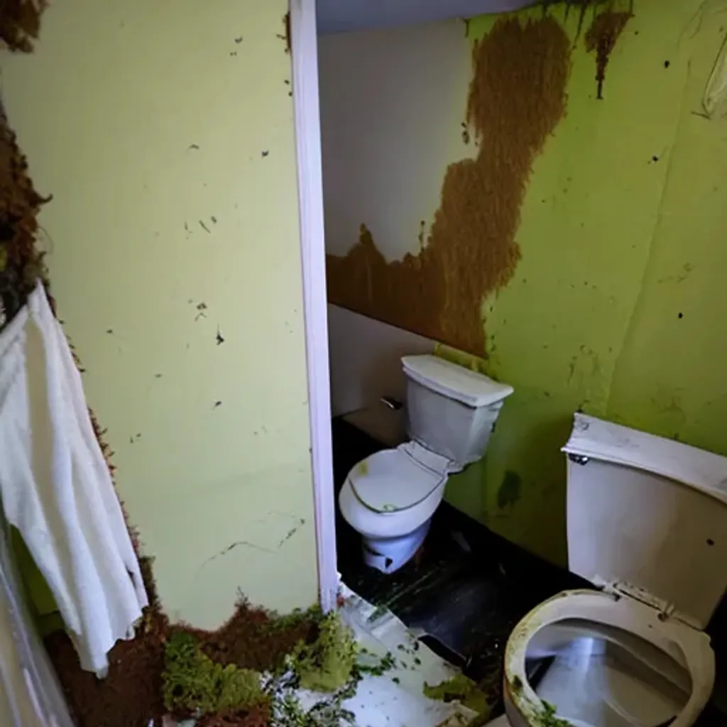 Prompt: (Wide View, Flooding Sink, Gross Stained Walls, Moss Filled Up to the Top of the Toilet. Broken down room.