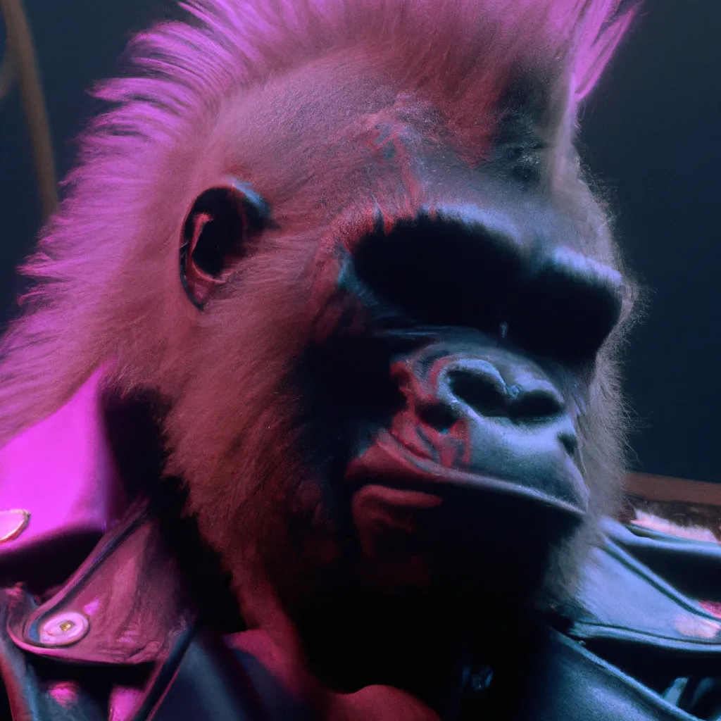 Prompt: a portrait photo from a gritty 1970s Martin Scorsese movie about a Gorilla with a pink punk mohawk in a leather jacket. 35mm, grainy, 4k, Panavision