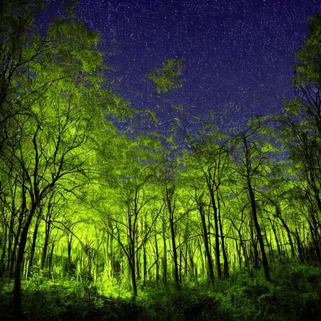 Prompt: Dark forest, fireflies, light dark, bushy trees, lush green forest, evening sky, falling star