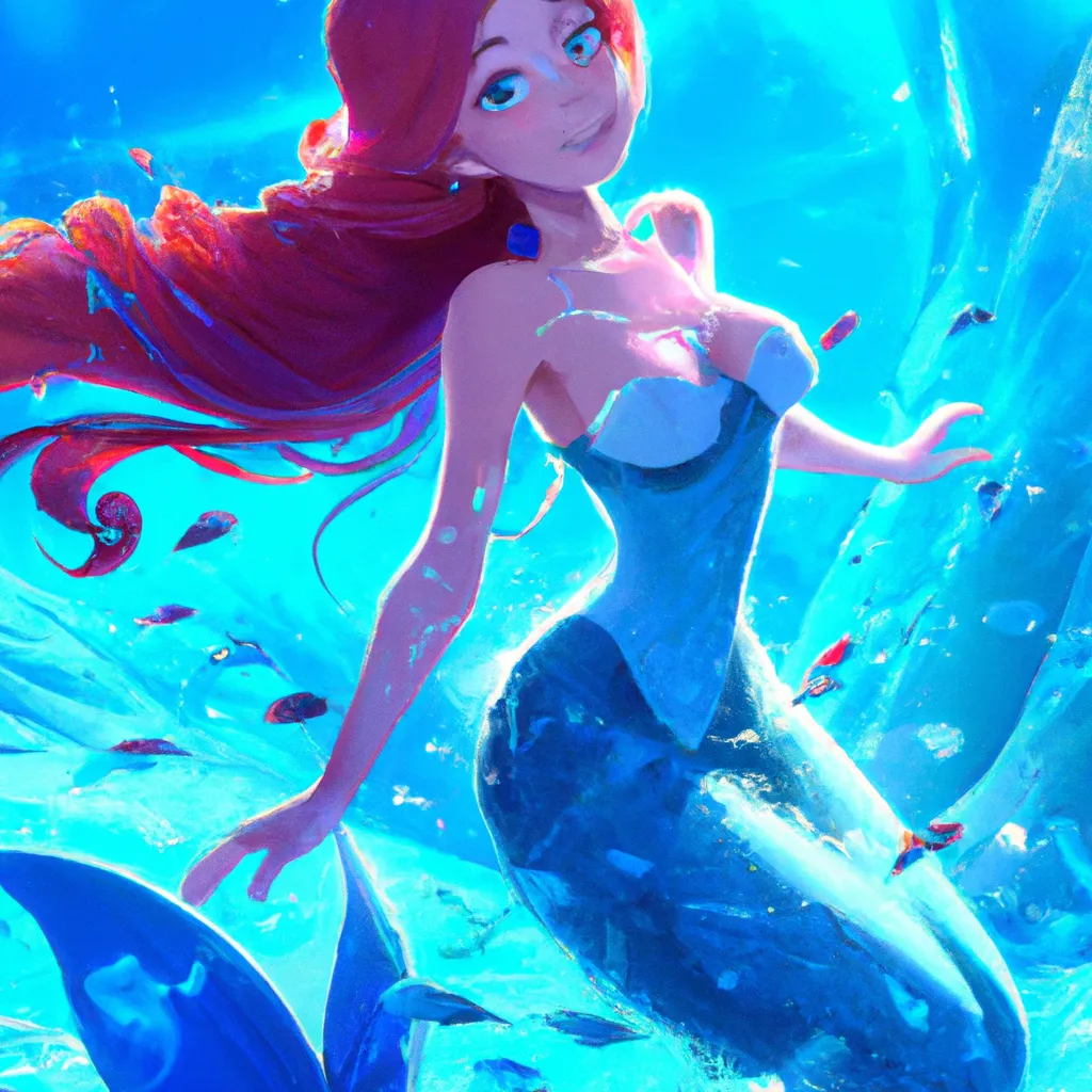 Prompt: Key Disney Visual Of icy blue water, with a cute and adorable anime mermaid with long scarlet red hair swimming ,  jean - baptiste monge, dramatic lighting, 8k, portrait, realistic, fine details, photorealism, cinematic, intricate details, cinematic lighting, photo realistic 8k,  Ghibli Studio and Ufotable and Kyoto Animation and A-1 Pictures and Kadokawa and Aniplex