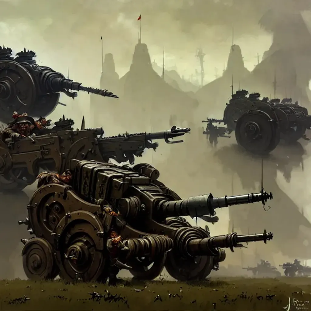 Prompt: orcs and trolls dieselpunk artillery, 4k, dieselpunk, guns, cannons, barrells, digital art, concept art, art by Jakub Rozalski