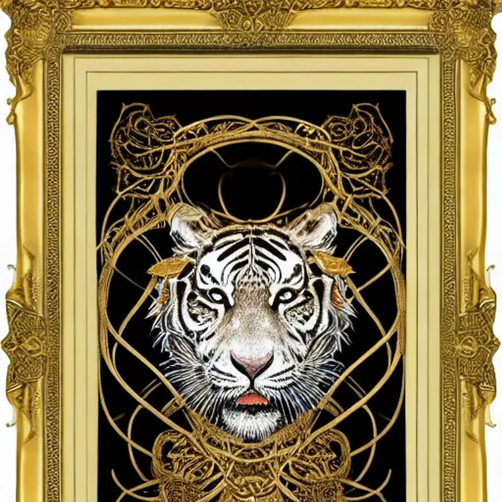 Prompt: a large gold and white tiger wrapped in vines + black paper + elements + red + gold + neon + baroque + rococo + white + orange+ ink + tarot card with ornate border frame + marc Simonetti, paul pope, peter mohrbacher, detailed, intricate ink illustration