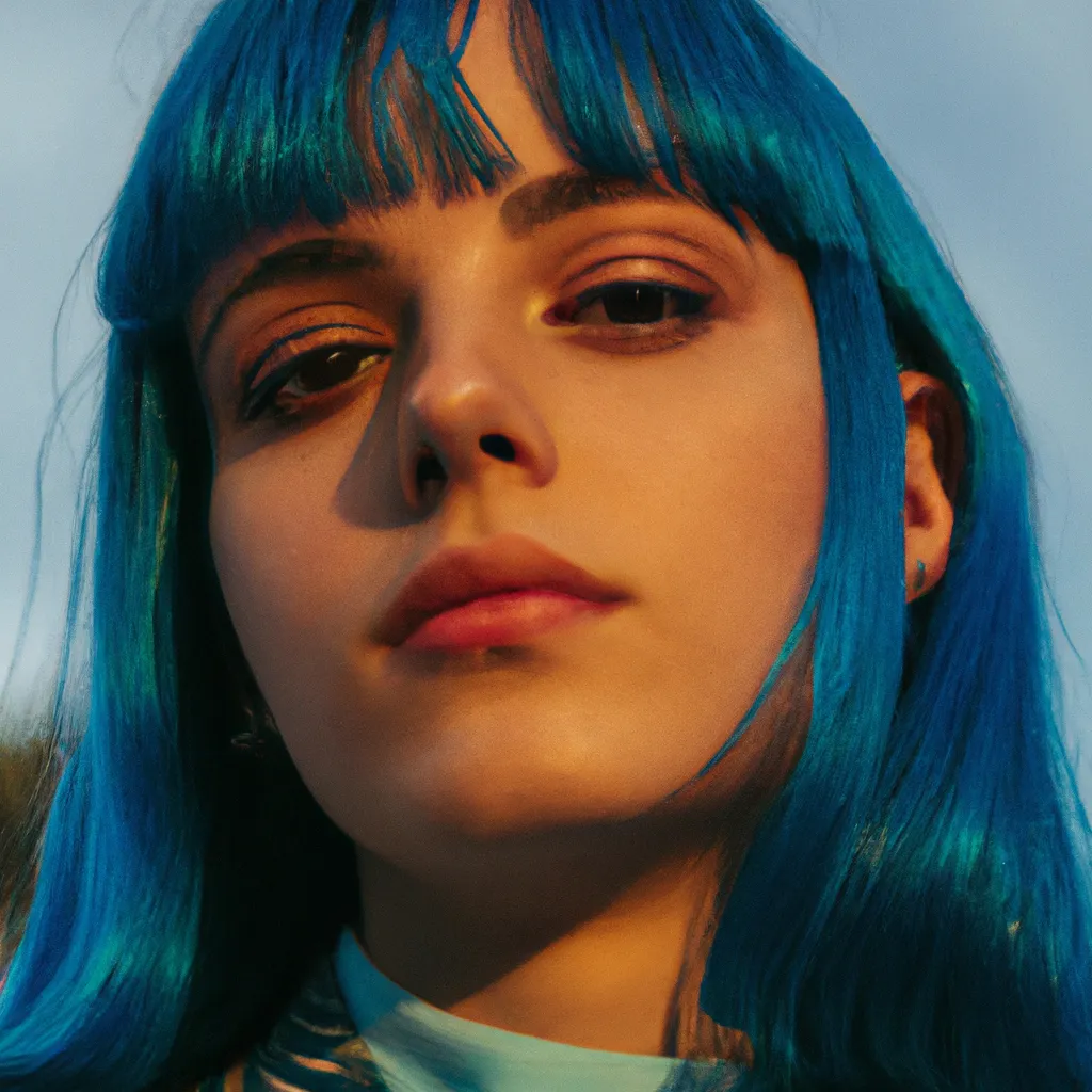 Prompt: portrait, photoreal, film grain, beautiful woman, blue hair, wearing 80's blazer, detailed, 8k, perfectly shaded, complementary colors, golden hour

