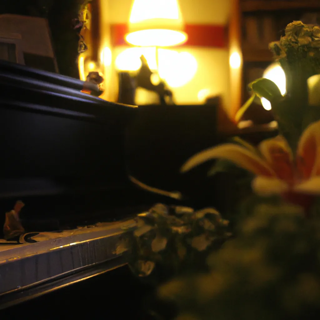 Prompt: Bee pollinating a beautiful flower scene | through the lens | man playing a piano  | living room | pulp fiction diorama | dimly lit interior |