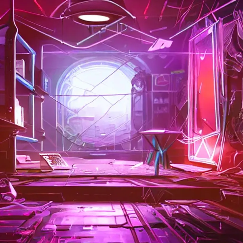 Prompt: a simulated hologram of a cubic entity illuminating a messy futuristic cyberpunk apartment, Fort frolic, bioshock rapture concept art