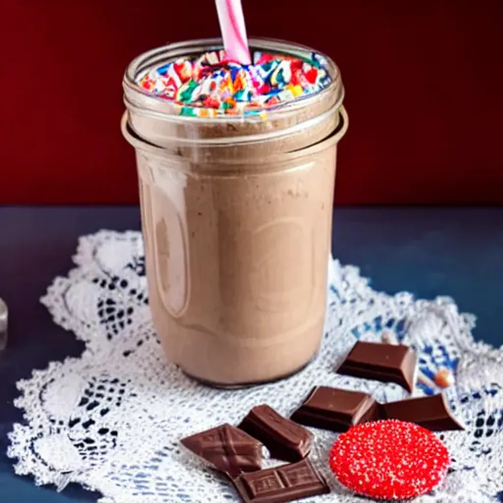 Prompt: loaded chocolate milkshake in a jar with a straw, topped with sprinkles and candy, sitting on a doily on a counter ahead of a window