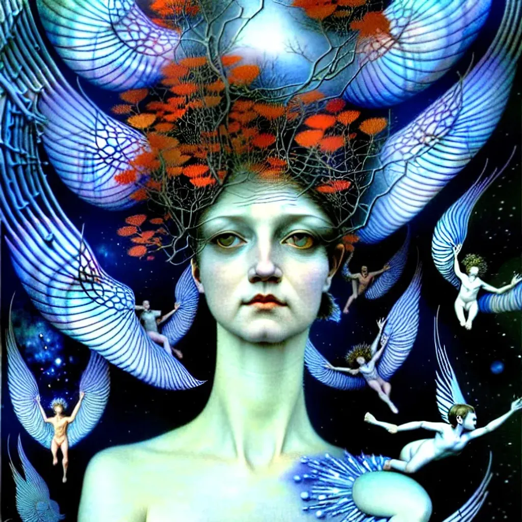 Prompt: (( woman cherub shapeshifter by Daniel Merriam, Merritt Chase, Singer Sargent )) indigo fulvous red pine silver photorealistic eyes, beautiful face, impeccable skin details, (caracal-Influence) very healthy, galaxy hair, glowing translucent fractal ((snowflakes)) by ((Ernst Haeckel, John Berkey)) background theme (murmuration of icicles) made of shining translucent silicone, high index of refraction, bioluminescent (fractal spray of droplets) by ((David Hockney, Howard David Johnson)) airbrush, acrylic on paper, smokey sky, fBm clouds, sunlight and shadows,  cinematic, ultra realistic, sense of high spirits, global illumination, volumetric fog,  volumetric lighting, occlusion, Poser 128K UHD fractal, pi, fBm