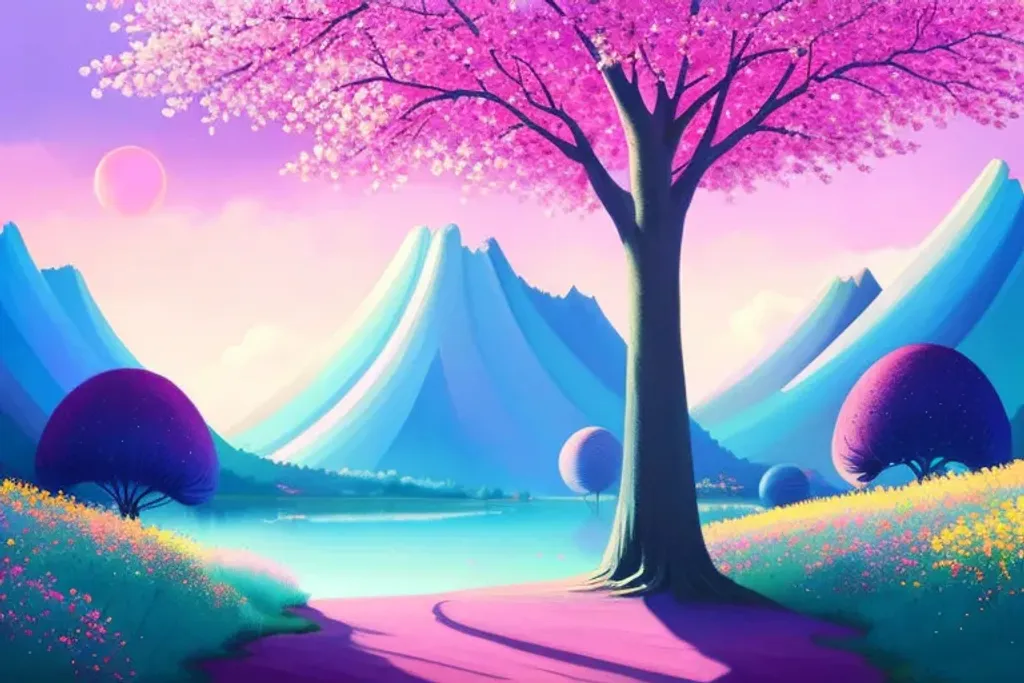 Beautiful pastel nature landscape, giant cherry blos... | OpenArt