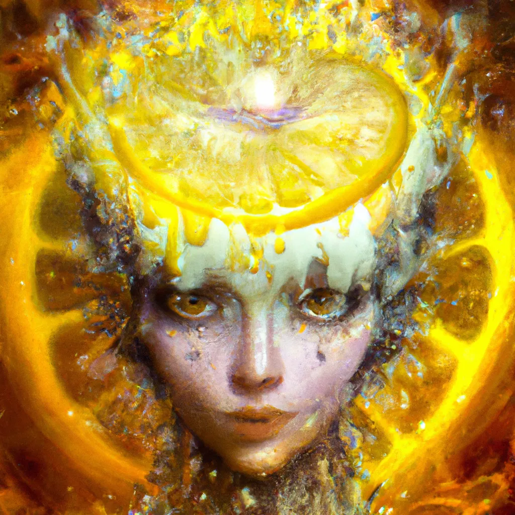 Prompt:  portrait  Lemon character stunning cosmic noble queen made of melting dripping porcelain and melting dripping wax and drippy melting chrome, Sci-fi fantasy concept art by Wlop Dan Mumford Anna Dittman, hyperdetailed digital art, deep rich translucent colours, a vision of heavenly beauty, rendered in Enscape, 