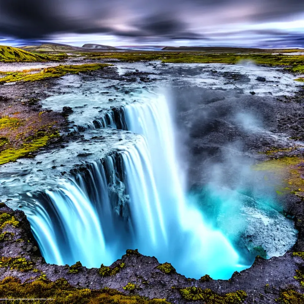 Prompt: long shot scenic professional photograph of an Icelandic waterfall, pale light blue moonlight, stars, perfect viewpoint, highly detailed galaxy background, wide-angle lens, hyper realistic, with dramatic sky, polarizing filter, natural lighting, vivid colors, everything in sharp focus, HDR, UHD, 64K, soft colors, natural colors, SF, another world