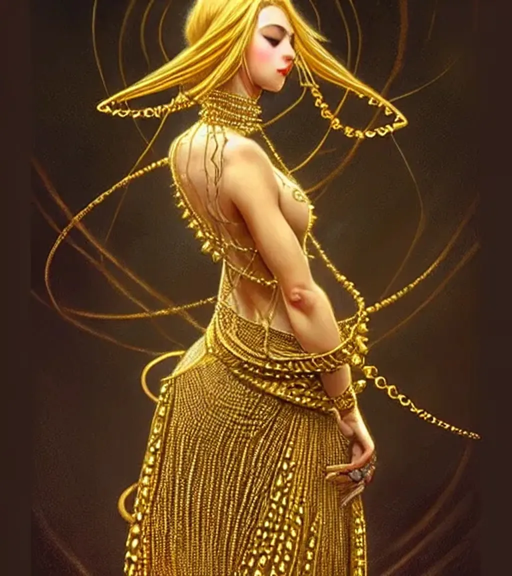 Prompt: dress made out of spiked golden chains. bound by black chains, golden collar, golden eyes, elegant updo, fantasy, dancing, intricate, dramatic, digital painting, artstation, smooth, sharp focus, illustration, art by artgerm and greg rutkowski and alphonse mucha