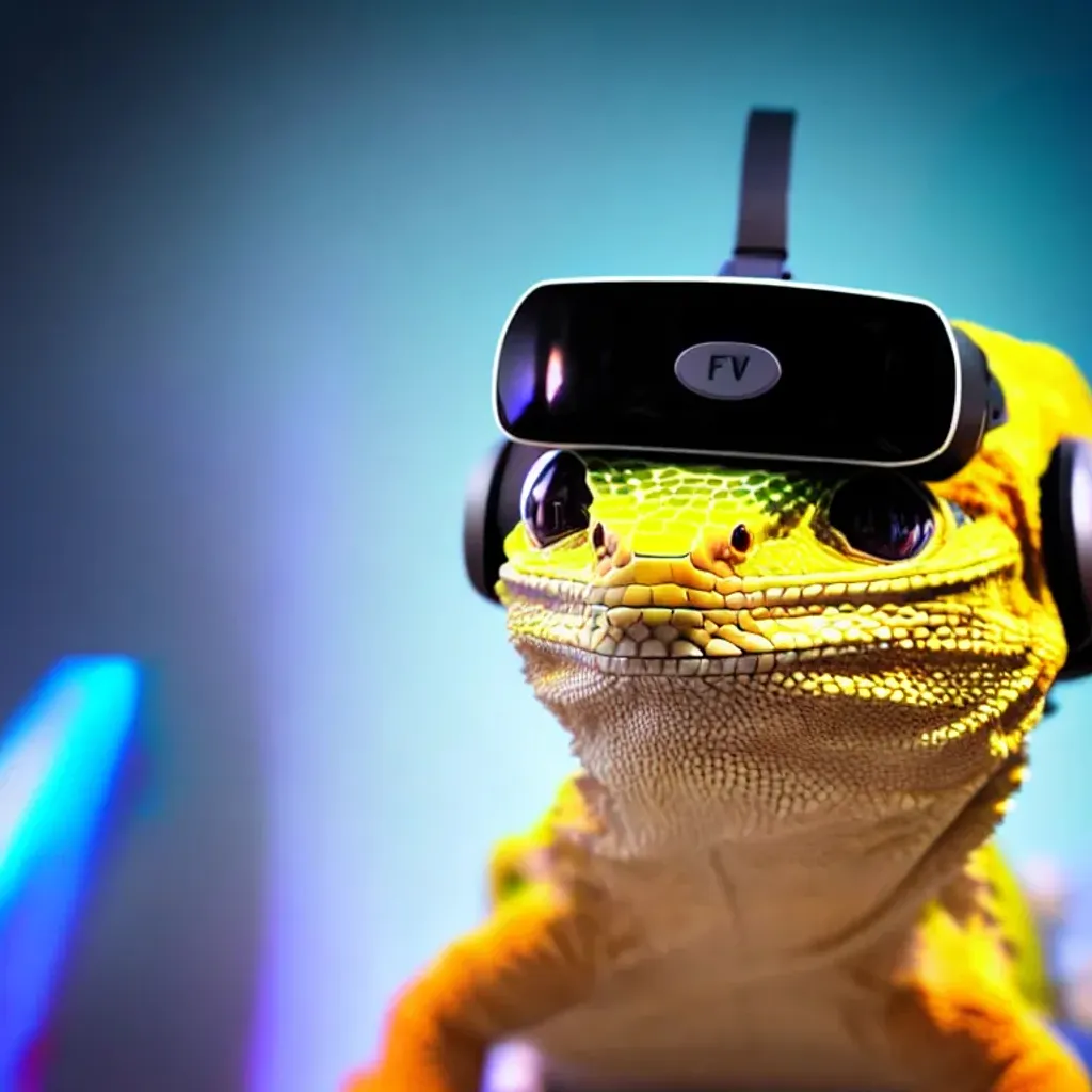 Prompt: cute gecko lizard reptile wearing FPV VR headset goggles, comic smirking, close up, soft light, F1.8, futuristic, portrait bright with light rays