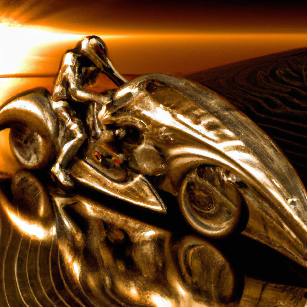 Prompt: Curvaceous Light bending  crystal Bugatti motorcycle  with a rider covered in halogenic golden sunset  in the style of Bruce Pennington, Dali, Munch, Escher, Klarwein, Yamamoto, Hattori, Leyendecker, Mullins, Magritte | extreme wide angle shot  | winding deserted road  | centered |muted desaturated tones | dark background | ultra sharp focus | 3d octane render artstation trending 8k unreal engine | batman movie| Disney Pixar Dreamworks 