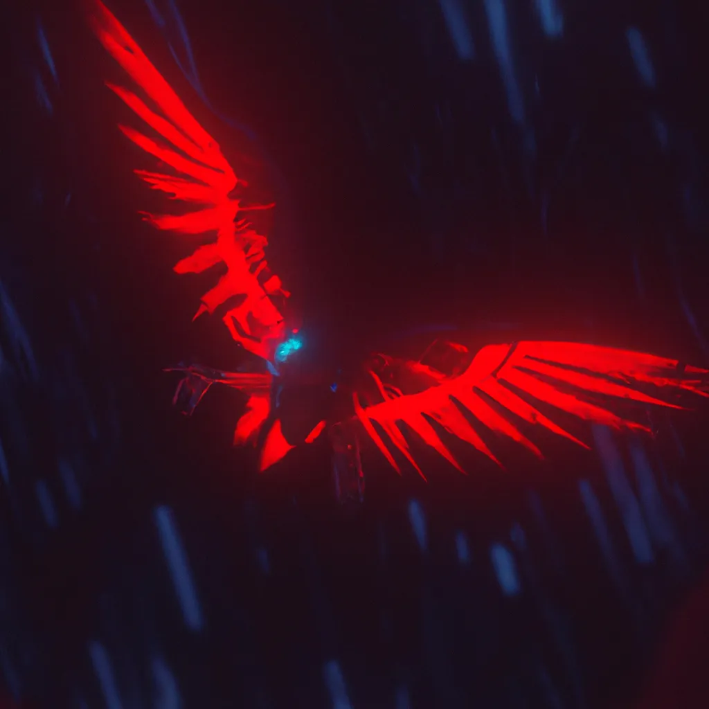 Prompt: giant crimson rosella flying through ethereal realm, cinematic lighting, octane render, raytracing, creative