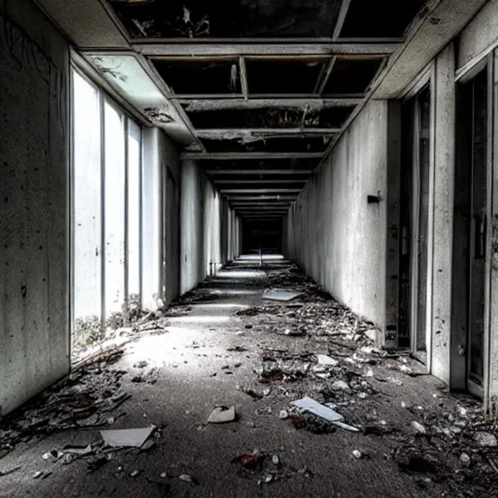 abandoned concrete hallways, ground with garbage, co... OpenArt