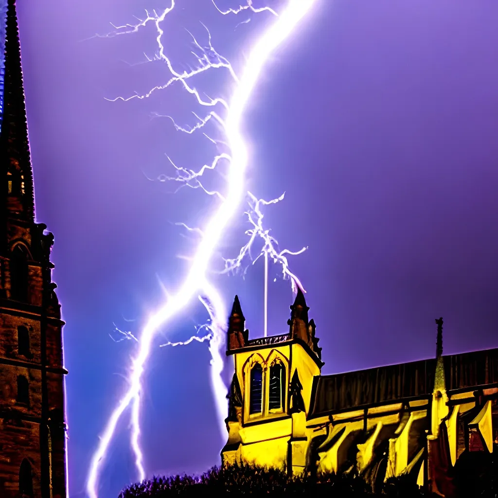 Prompt: lightning rod sparking from a lightning strike on the top of a cathedral in Scotland. 