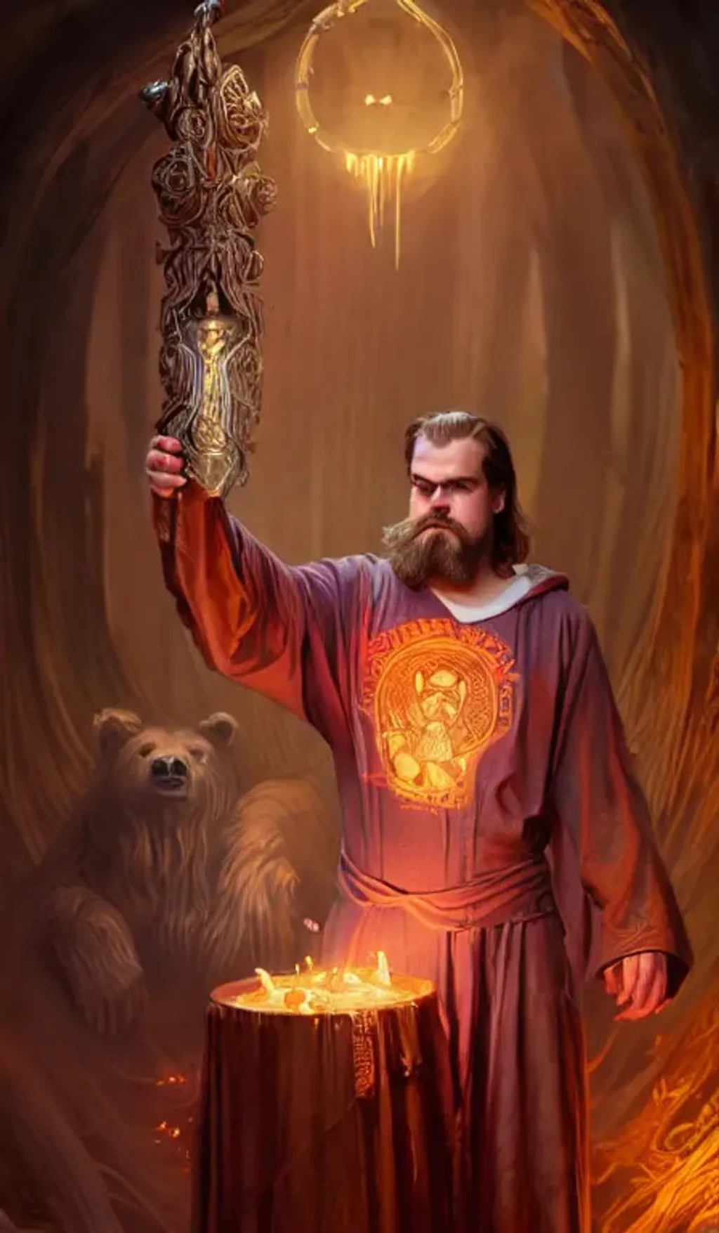 Prompt: Cute young David Harbour, intricate wispy beard, glowing robes adorned with runes, summoning a giant mythical golden bear, a detailed copper forest altar, WLOP Gustave Doré, Full body portrait, 8k resolution concept art portrait by Greg Rutkowski, Artgerm, WLOP, Alphonse Mucha dynamic lighting hyperdetailed intricately detailed Splash art trending on Artstation triadic colors Unreal Engine 5 volumetric lighting Epic cinematic brilliant stunning intricate meticulously detailed dramatic atmospheric maximalist digital matte painting 8k resolution concept art by Greg Rutkowski dynamic lighting hyperdetailed intricately detailed Splash art trending on Artstation triadic colors Unreal Engine 5 volumetric lighting Alphonse Mucha WLOP Jordan Grimmer orange and teal