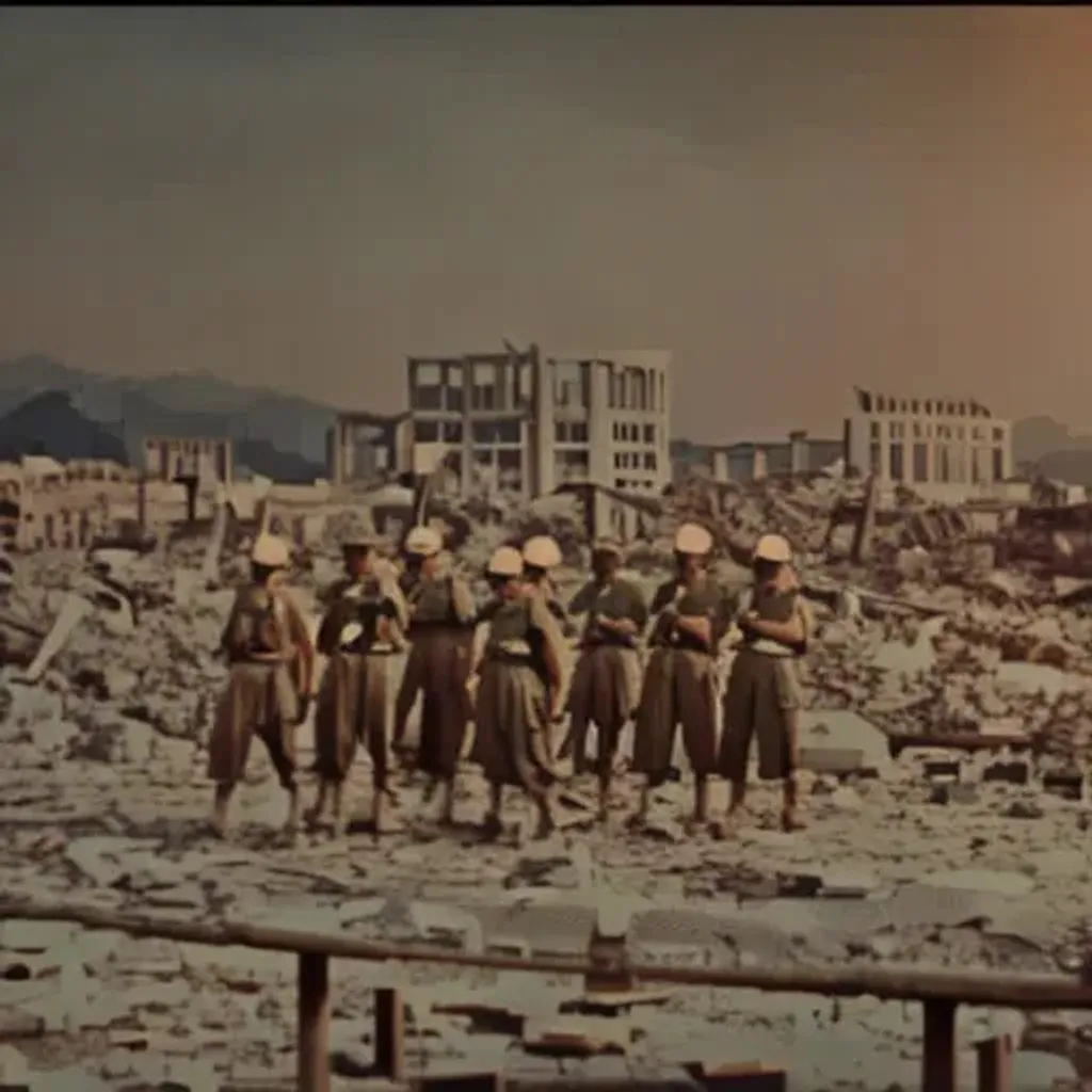 Prompt: Ww2 Japanese soldiers stand Infront of destroyed Hiroshima with sunset 8k resolution old vibe.
