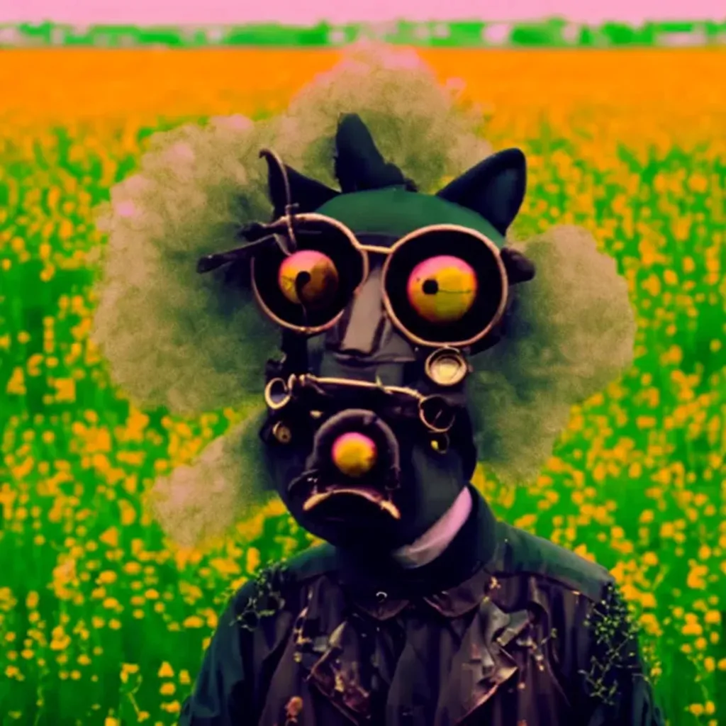 Prompt: Unexpectable animal standing in a biopunk ukrainian field with expressed mimic on its face, a character portrait,  , kitsch movement, contest winner, photo taken with ektachrome, adafruit, mixing cyberpunk and steam punk, 4k, 8k, 20k, dof, main objects in sharp focus