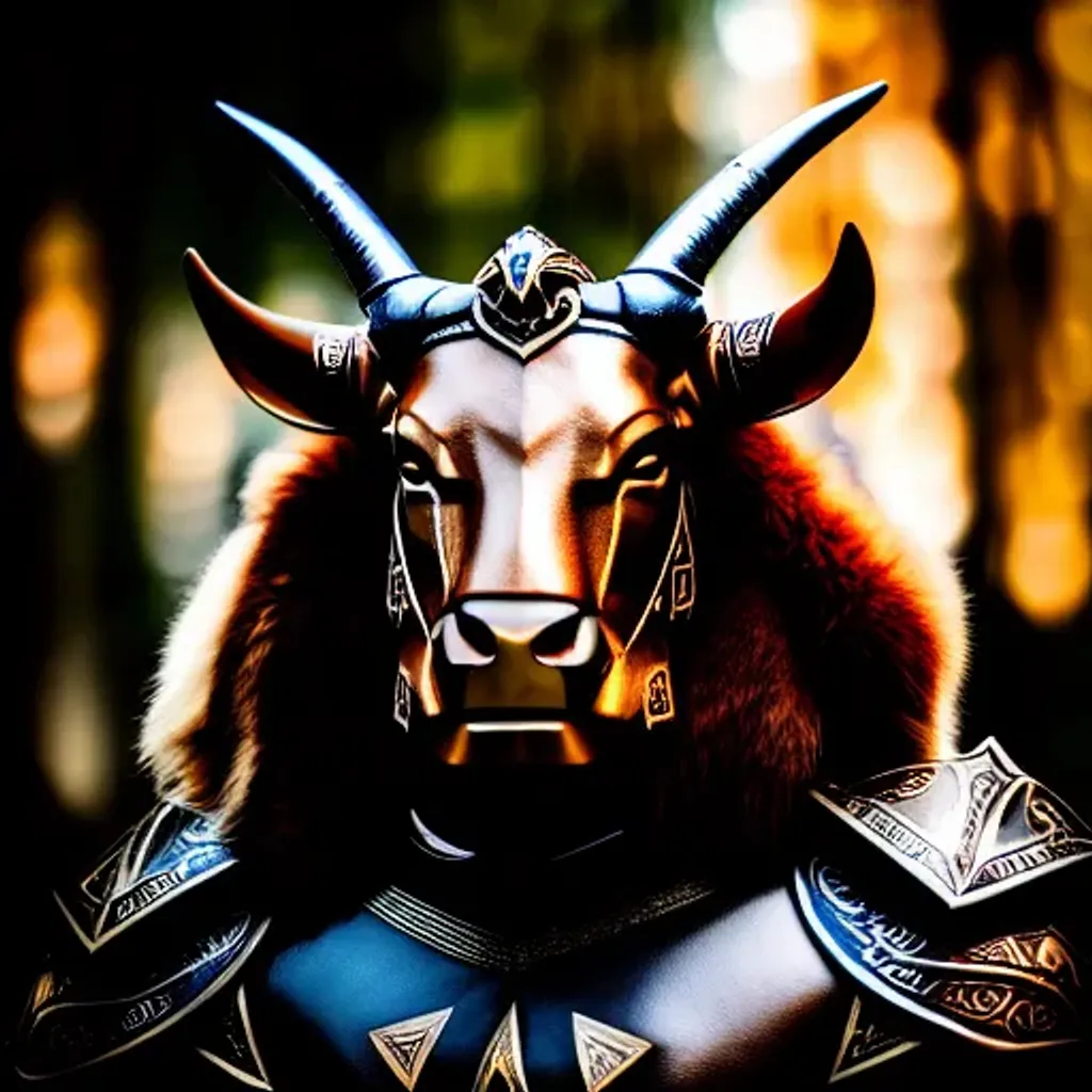 Prompt: centered portrait xy8 of a Fantasy Minotaur in full heavy armor, menacing, award winning photography. soft bokeh, cinematic lighting, 