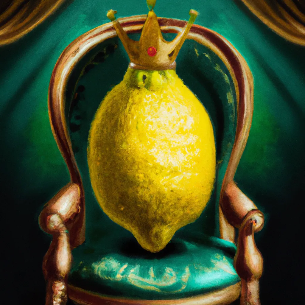 Prompt: a portrait of a regal lemon wearing a crown and sitting on a beautiful throne, digital art style