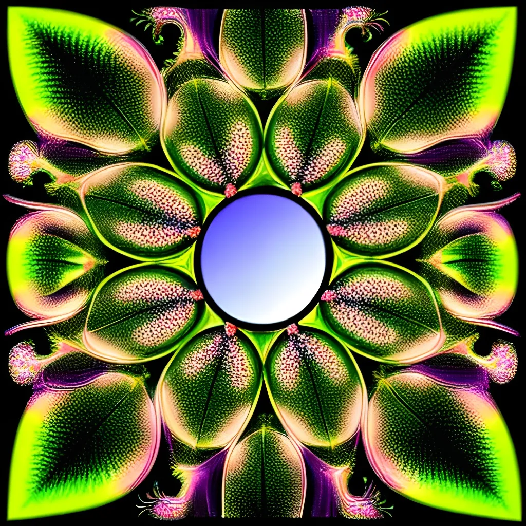 Prompt: A fractal mirror that shows a flower and a tree face.