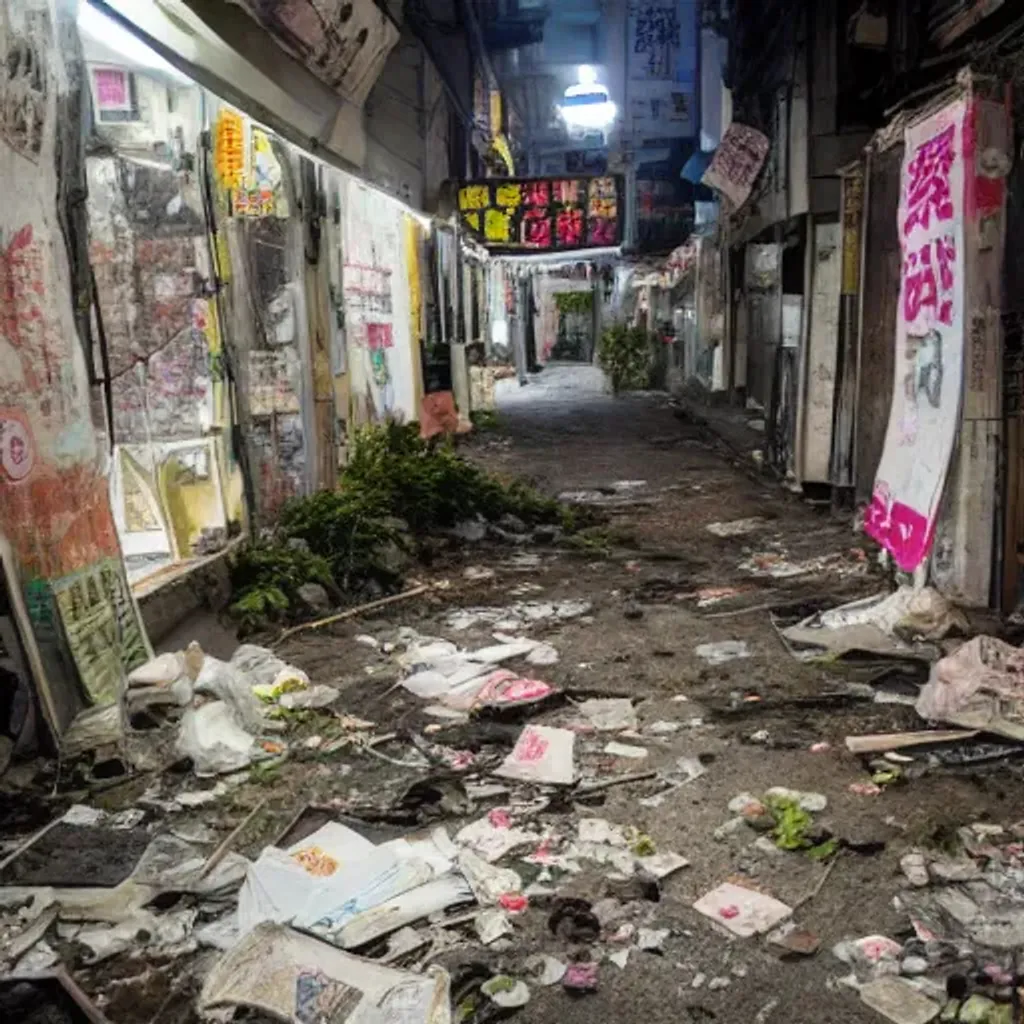 Prompt: abandoned store in taiwan, garbage and posters on floor, at night, liminal space