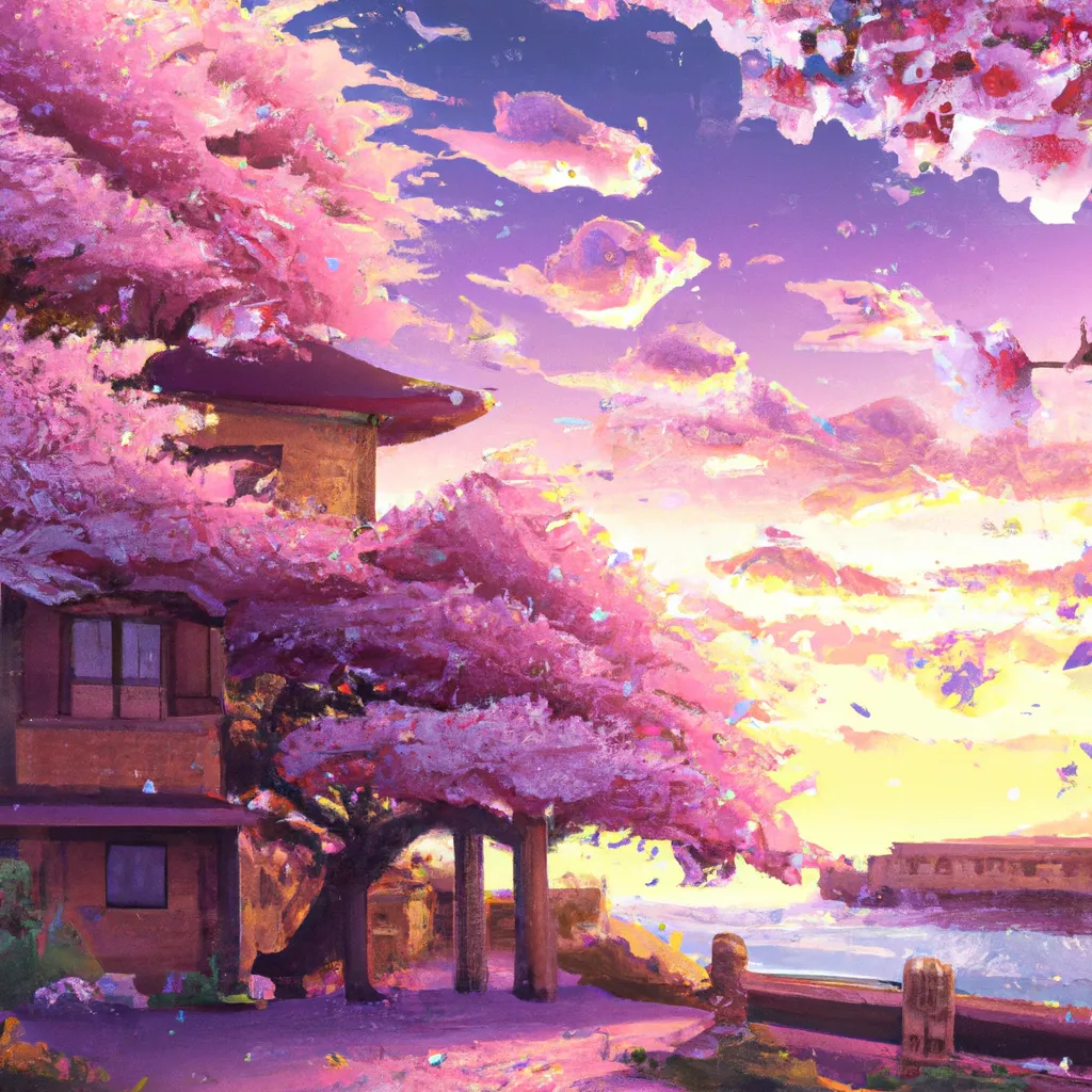 Prompt: Japanese ancient buildings beside a river， sakura blooming. sunset colorful cloud
artstation
