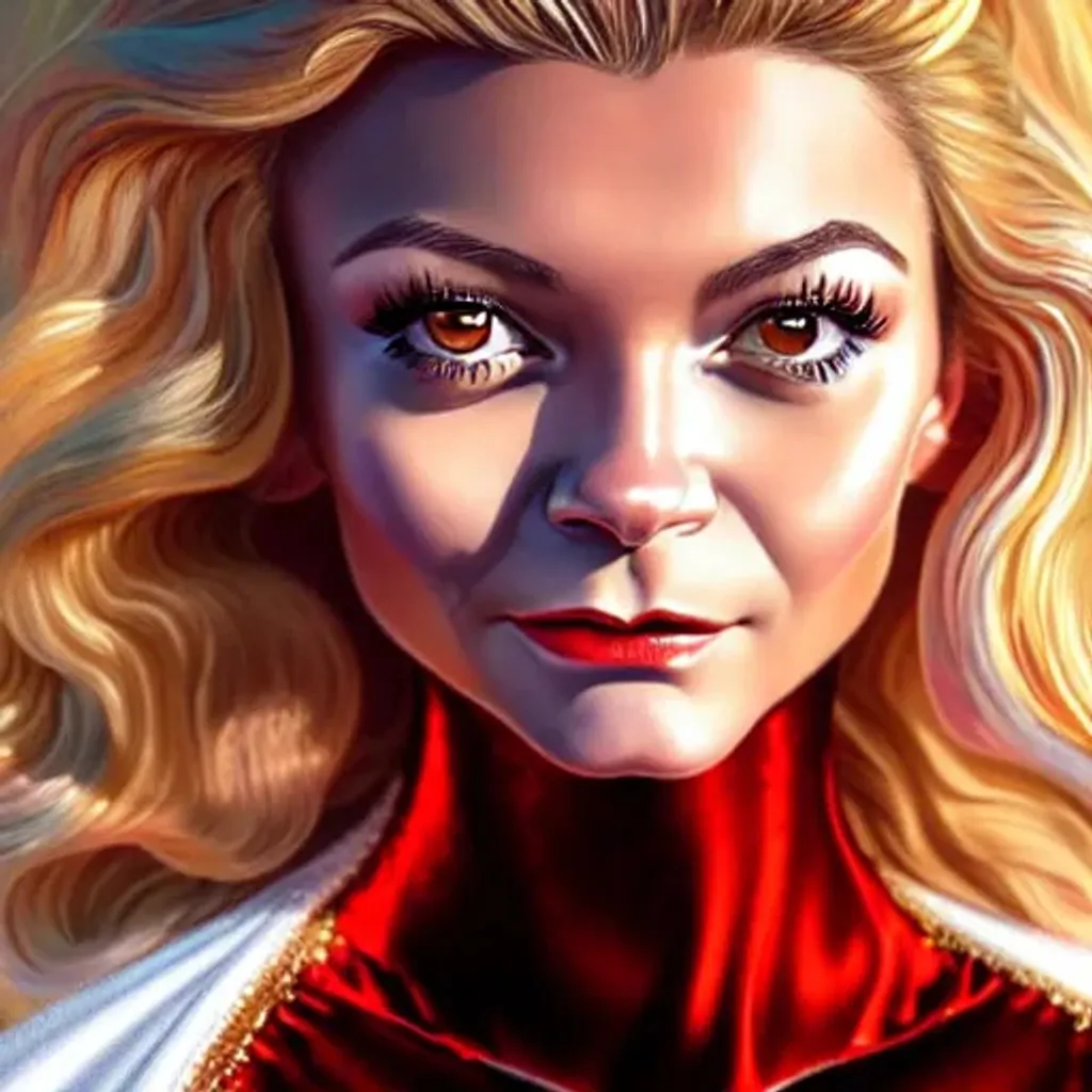 Prompt: highest quality portrait of Genevieve Hannelius dressed as a gold powergirl in a sheer white suit and red velvet cape, detailed face, fantasy, close up face, highly detailed, cinematic lighting, digital art painting by Olga Skomorokhova, ultra sharp, smooth sharp focus, artstation hq, behance hd, trending on artforum, on display