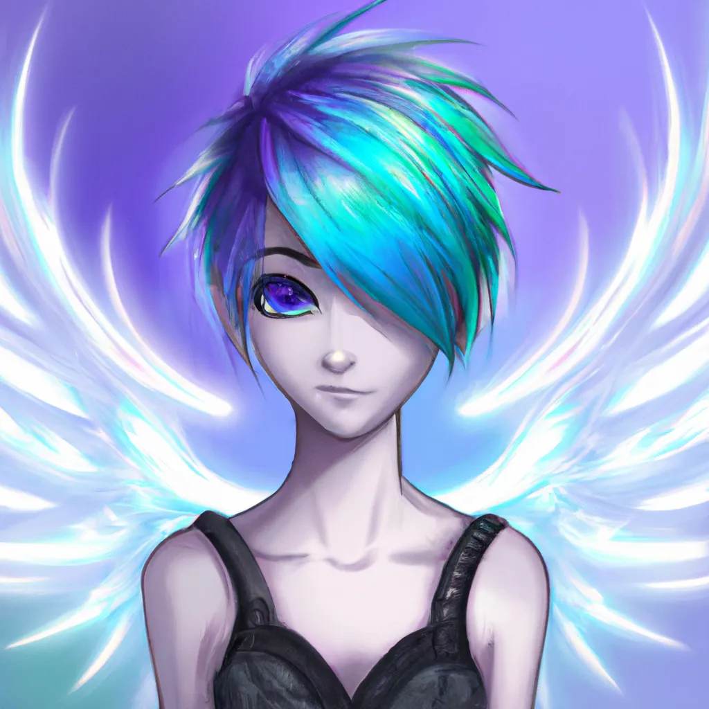 Prompt: a cute girl with short blue hair, big and bright multicolored eyes, angel wings on her back, intricate, detailed, anime style, digital illustration, 4k, fantasy, concept art