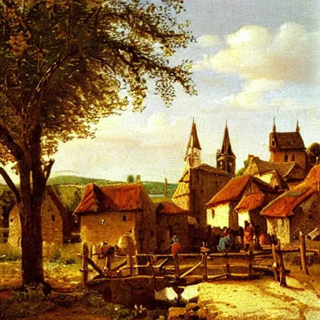 Prompt: Landscape oil painting, small medieval European village, beautiful, calm, sunny, very detailed, masterpiece, by Henry John Yeend King, by Claude Lorrain, by William Louis Sonntag