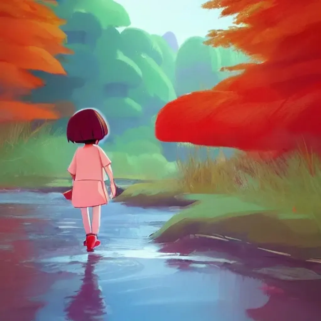 Prompt: goro fujita ilustration dora the explorer with short blonde hair and a long red outfit, walking next to a river in the forest, painting by goro fujita, sharp focus, highly detailed, artstation
