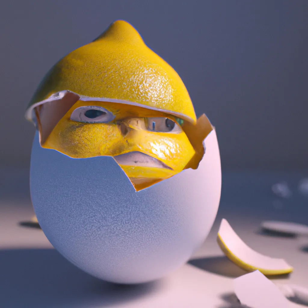 Prompt: close-up of a yellow lemon with a face screaming, inside eggshell suit, being cracked open like an egg over a bowl, cinematic, octane render,  ray tracing art