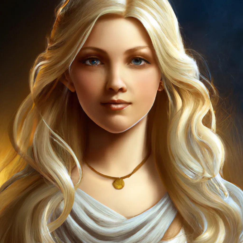 Prompt: epic portrait an beautiful goddess with long blonde flowing hair,soft glowing skin tone, attractive, hopeful, charismatic, blushed cheeks, sultry blazing blue eyes, glossy blood red lips, shapely nose, resolute, strong, beautiful, broad light, ambient occlusion, volumetric light effect, made by ivan aivazovsky, peter mohrbacher, William-Adolphe Bouguereau features, matte painting, 4k, perfectly defined features, digital painting,