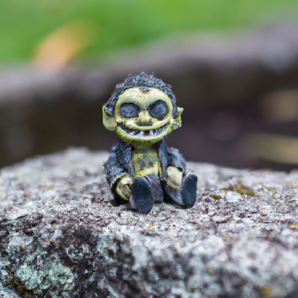 Prompt: Miniature carved frankenstein minion sitting in a graveyard and grinning