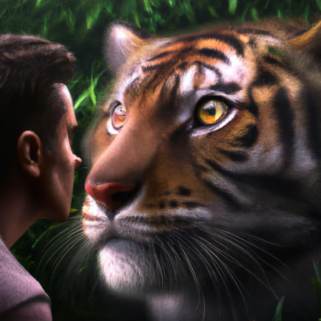 Prompt: Man being mesmerized by the hypnotic eyes of a tiger, surreal imagery, digital art , perfect composition, beautiful detailed intricate insanely detailed octane render trending on artstation, 8 k artistic photography, photorealistic concept art, soft natural volumetric cinematic perfect light, chiaroscuro, award - winning photograph, masterpiece, oil on canvas, raphael, caravaggio, greg rutkowski, beeple, beksinski, giger