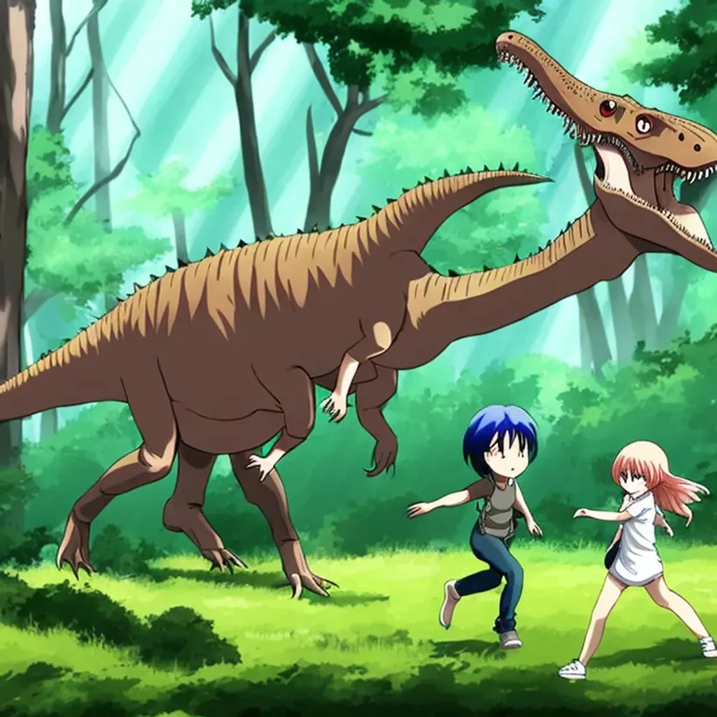 Prompt: anime dinosaur chasing anime girl in forest