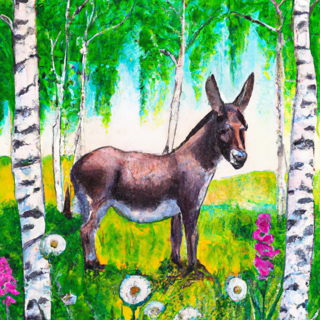 Prompt:  a painting of a donkey in a field of flowers, birch trees, beautiful, scenic, water color