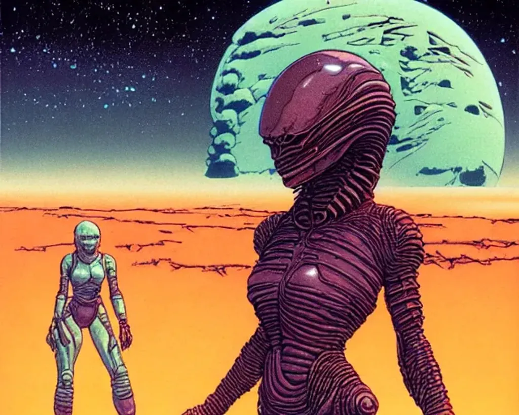 Prompt: Strong Woman with dark hair wearing tight alien battlesuit standing in alien dessert next to destroyed alien craft, by Makoto Kobayashi, by Moebius, by Jean Giraud, manga, anime style, 80's, Intricate, Hand drawn, concept art, grainy color, dim lighting, Anime Key Visual, beautiful composition