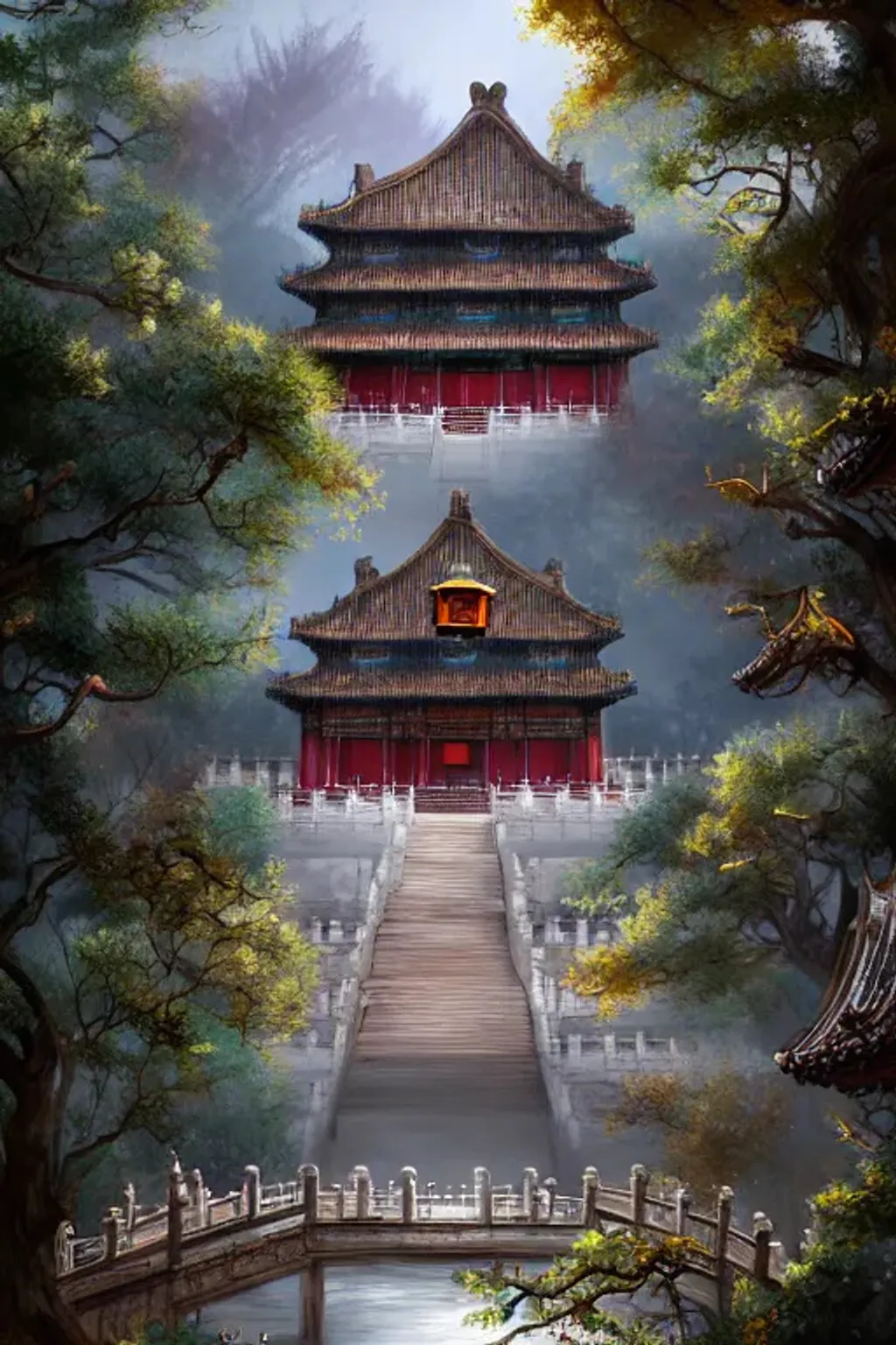 Prompt: a storybook ramshackle Forbidden City in the woods, intricate, elegant, fantasy, highly detailed, digital painting, concept art, sharp focus, illustration, artstation, fairytale style