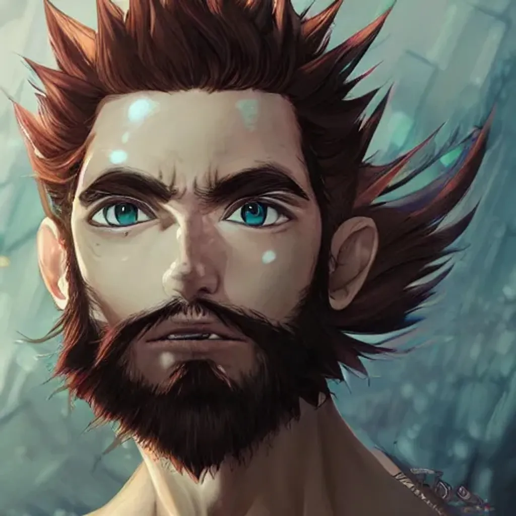 Prompt: Closeup portrait of a man With Big Dreamy Sharingan eyes, anime wide eyes, Beautiful Intricate Beard, Symmetrical, Soft Lighting  detailed face, by leiji matsumoto, stanley artgerm lau, wlop, rossdraws, concept art, digital painting, looking into camera, pillars and ruins in the distance