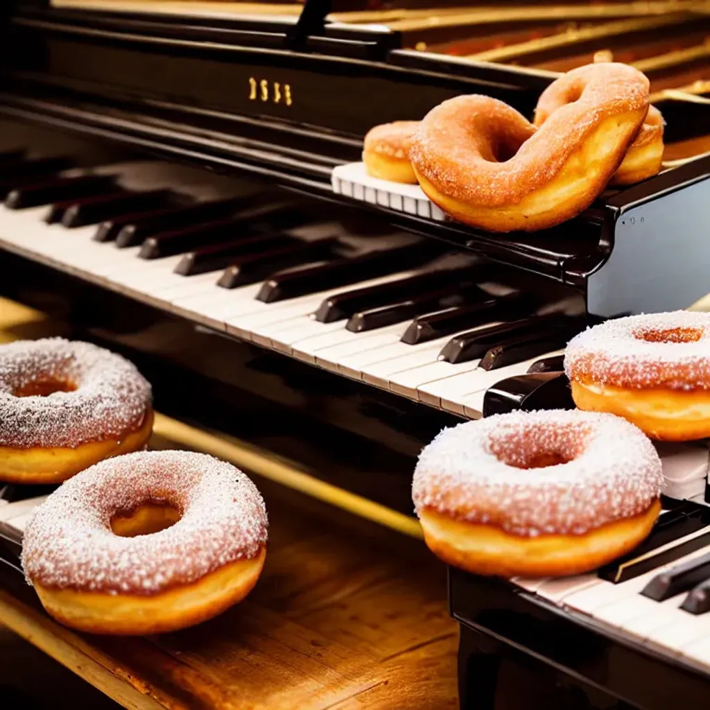 Prompt: doughnuts on pianos in the morning light, pastries and music equipment everywhere