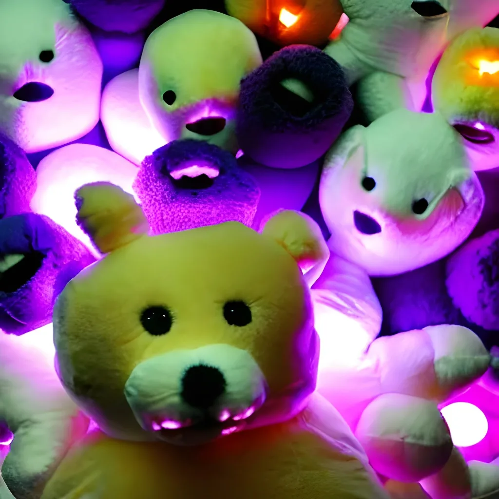 Prompt: Orrery saw purple lights shining brightly from the stuffed animals covering him. He clawed and dug his way through the lifeless stuffed animals that were no longer breathing into his mouth or keeping him down. Orrery shoved his hands into the open air above the pile of glowing stuffed animals he was in. He dug his way to the surface and stood up on the cave floor, which was about 3 feet below the top of the pile of luminescent stuffed animals he was standing in He gasped and coughed because of the putrid fumes from the decaying wool stuffing in the pile of purple luminous stuffed animals.
