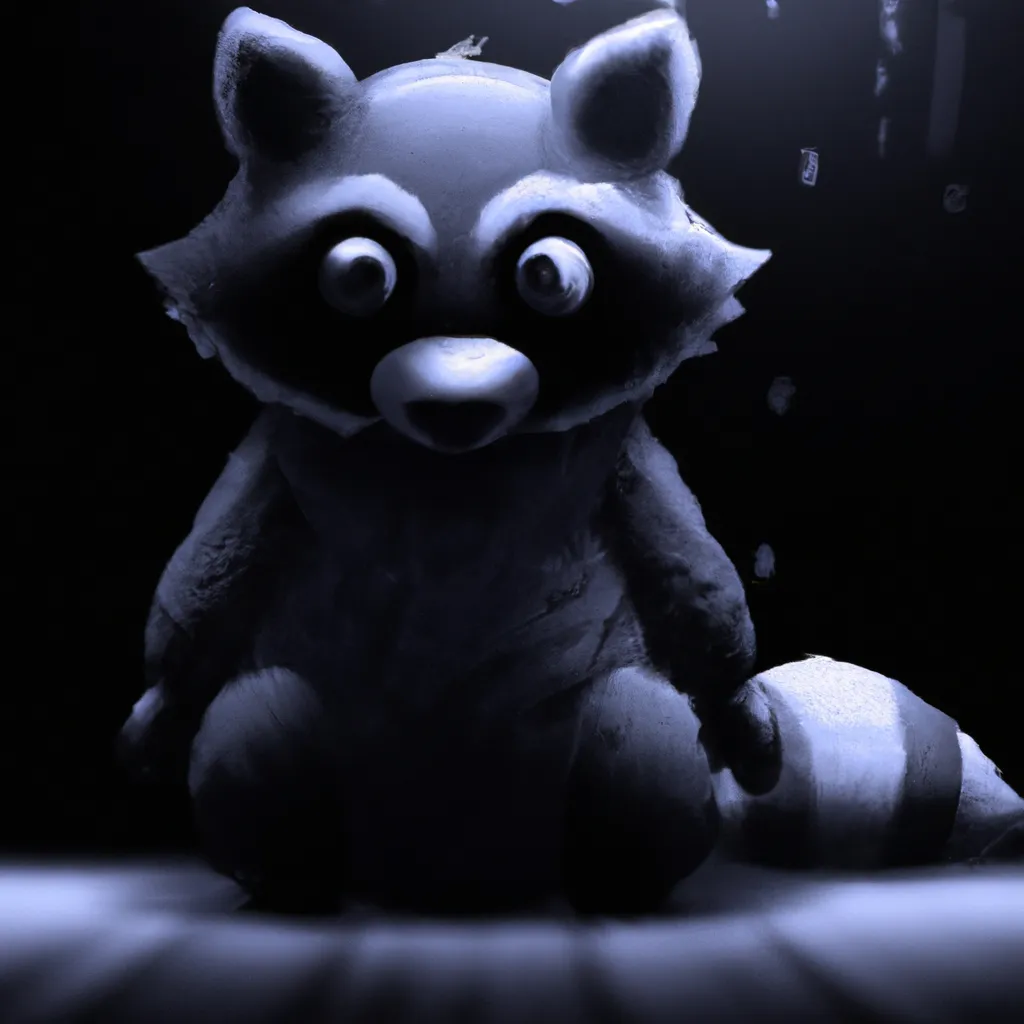 Prompt: a scary raccoon doll staring at youy in the darkness, digital art