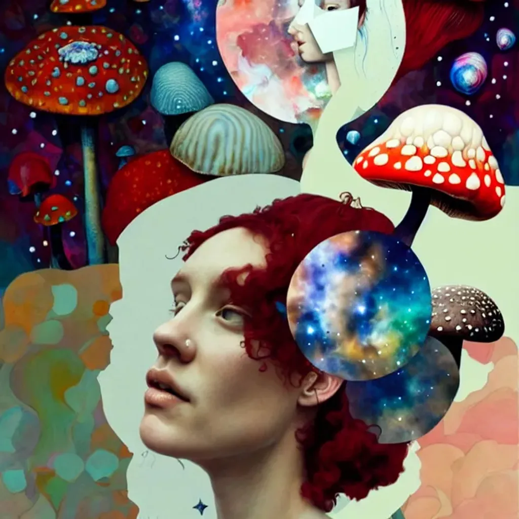 Prompt: Collage portrait by Ryan Hewett, Beautiful woman with dark red hair, mushrooms growing out of her hair, hq, fungi, celestial, portrait, victo ngai, moon mushrooms, galaxy, moon, stars 