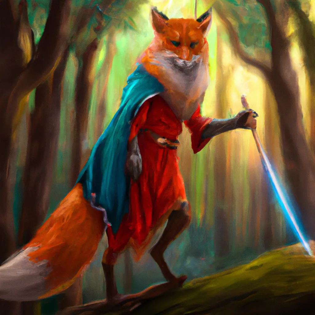 Prompt: Photorealistic fox wearing a green mantel and a red dress, long blue mantel with a wooden luminous  stick in his hand, he has a determinate face, magic forest in the background, intricate, fantasy, elegant, highly detailed, digital painting, artstation, concept art, smooth, sharp focus, illustration