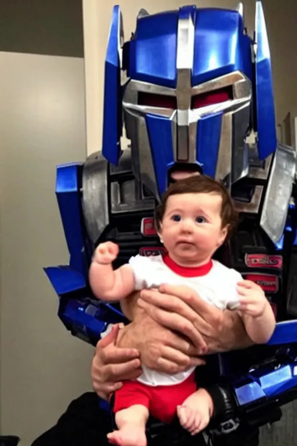 Prompt: Optimus Prime holding baby Shia LaBeouf.