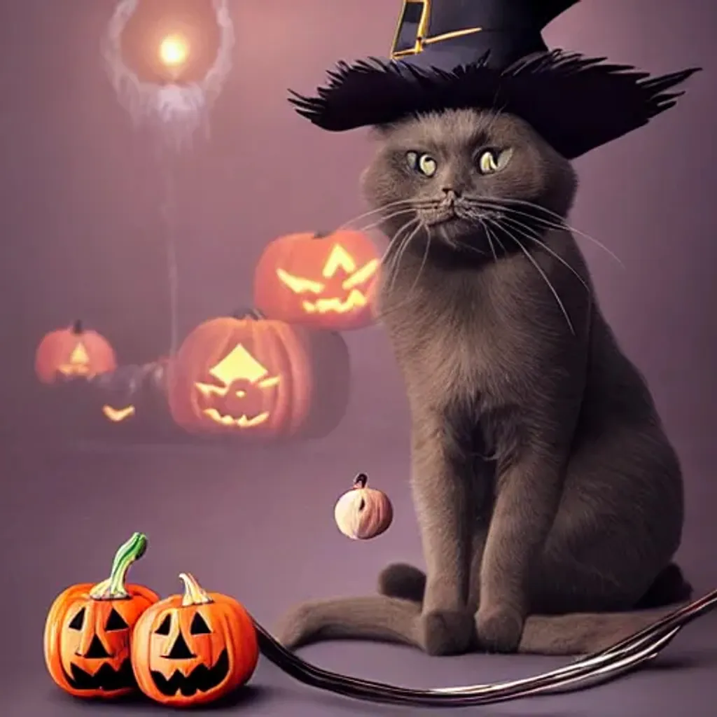 Prompt: Halloween theme. Cute black cat wearing a Halloween witch hat precious moments figurine , digital art, perfect composition, beautiful detailed intricate insanely detailed octane render trending on artstation, 8 k artistic photography, photorealistic concept art, soft natural volumetric cinematic perfect light, chiaroscuro, award winning photograph, masterpiece, oil on canvas, raphael, caravaggio, beeple, beksinski, giger.